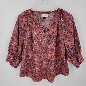 Universal Thread Blouse Womens Large Orange Coral Floral Peasant Top Boxy Fit